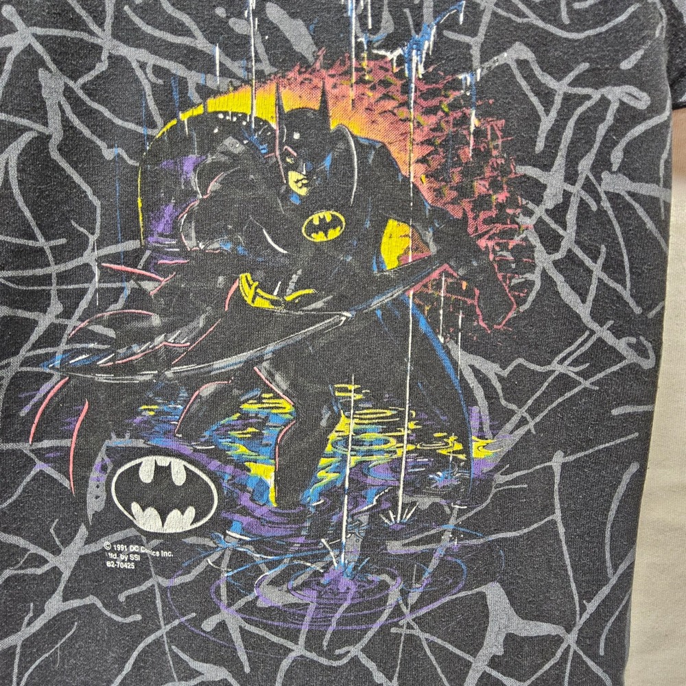 SSI Batman T-Shirt Kids Size 4 Black 1991 Vintage All Over Print DC Comics USA